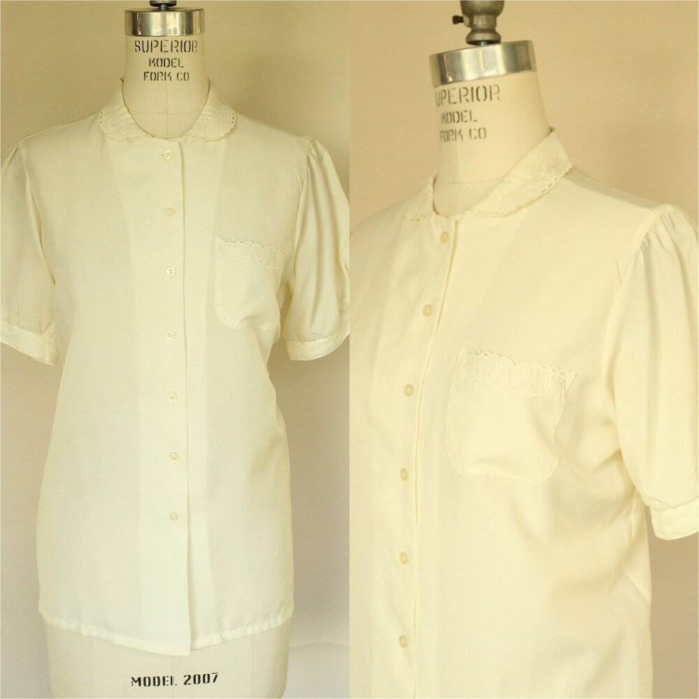 Vintage 1980s 1990s Blouse, Volup G Pellini Winter White Button Down Shirt